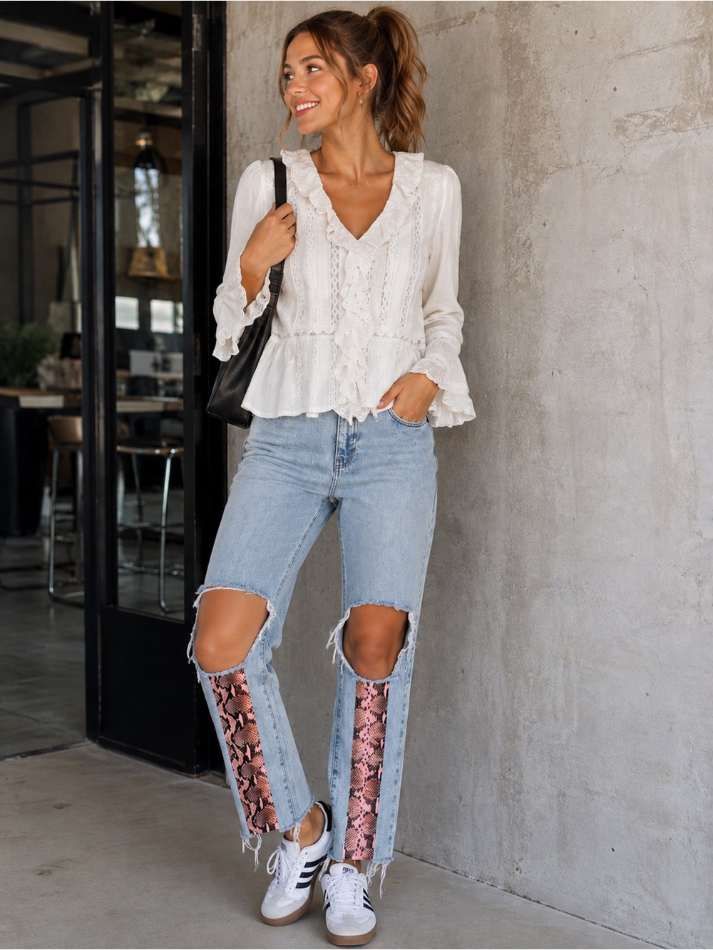 The Ragged Priest Light Wash Straight Leg Jeans with Pink Snake Panels